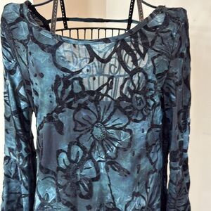 NWT Blue Green Sheer Long Sleeve Tunic with Black Velvet Floral Design Size M/L